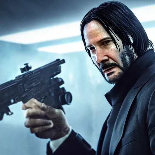 Image similar to john wick in call of duty, artstation hall of fame gallery, editors choice, #1 digital painting of all time, most beautiful image ever created, emotionally evocative, greatest art ever made, lifetime achievement magnum opus masterpiece, the most amazing breathtaking image with the deepest message ever painted, a thing of beauty beyond imagination or words, 4k, highly detailed, cinematic lighting