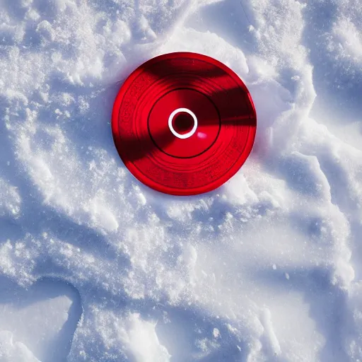 Prompt: an award - winning advertisement photo of a red musica vinyl stuck in the snow, with a snowy mountain and ice, drammatic lighting, sigma 5 0 mm, ƒ / 8, behance