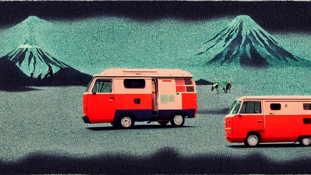 Prompt: japan various natural splendor and rural wonders, camper touring, a collage painting, in the style of wes anderson, lola dupre, david hockney, isolated on negative space background dark monochrome neon spraypaint accents volumetric octane render