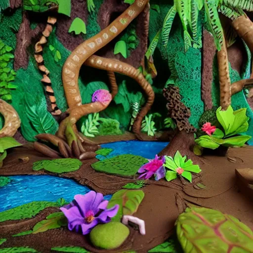 Prompt: A claymation scene of highly detailed hyper real Jungle, vines, trees, birds, flowers, dappled light, lens flare, “Stegosaurus made of plasticine”