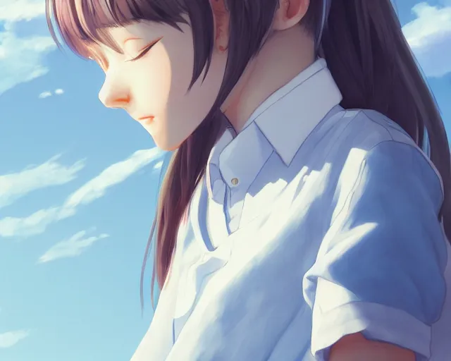 Image similar to teen looking at blue sky, wearing white shirt, back turned, looking up, illustration, by pine ( ハイネ ) and 薯 子 imoko and 香 川 悠 作 and wlop and maya takamura, highly detailed, trending artstation, pixiv, digital art