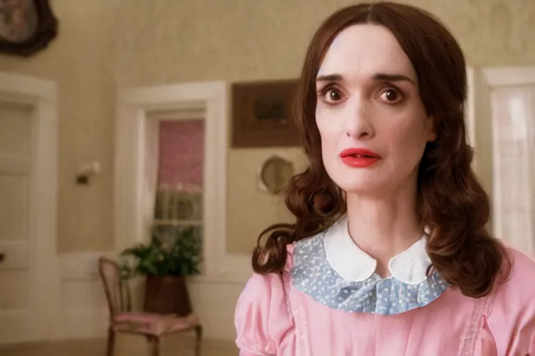 Prompt: mid-shot of Winona Ryder as a maid in the new movie directed by Wes Anderson, symmetrical shot, idiosyncratic, relentlessly detailed, pastel, limited colour palette, detailed face, movie still frame, promotional image, concept art, imax 70 mm footage