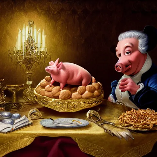 Image similar to pig wearing gold crown eating polish sausage, Realistic, Regal, Refined, Detailed Digital Art, Michael Cheval, Walt Disney (1937), François Boucher, Oil Painting, Steampunk, Highly Detailed, Cinematic Lighting, Unreal Engine, 8k