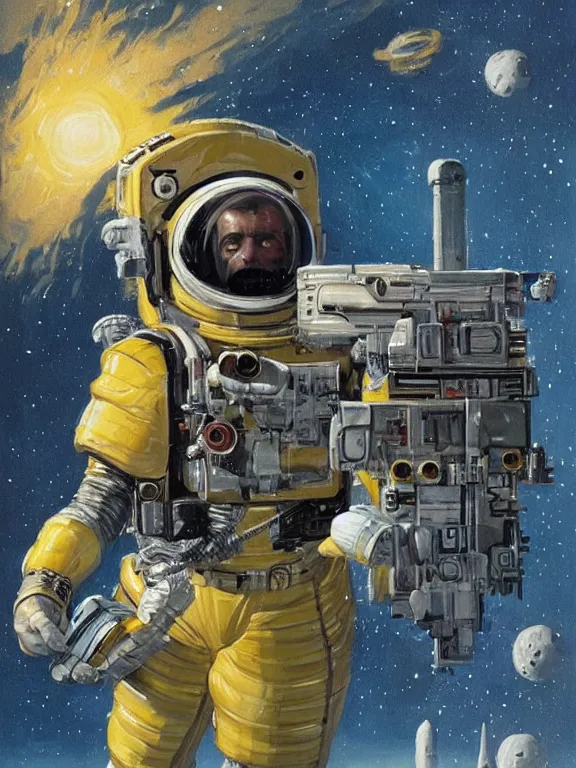 Image similar to a painting of a man in a space suit holding a gun, concept art by chris foss, cgsociety, retrofuturism, concept art, future tech, sci - fi