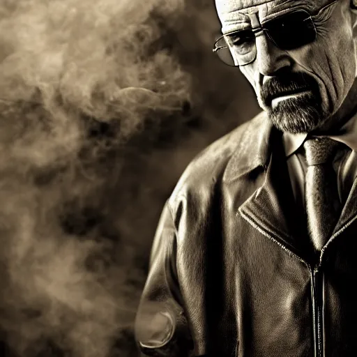 Prompt: angry walter white on a chopper motorbike, shotgun, extreme detail, studio light, photorealistic, gritty, movie still, cinematic, fire, smoke, soft focus, well edited, 8 k, sunglasses, atmospheric, dark, leather jacket