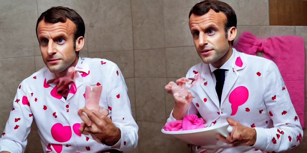 Image similar to picture of emmanuel macron on a toilet, dressed in a hello kitty pajamas, photorealistic, higly detailed, 8 k