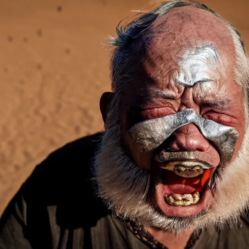 Image similar to screaming old asian man with beard, his head covered in jewels, full face silver mask, glowing eyes, wearing a wooden stick, smoke around him, in the dry rock desert, cinematic shot, wide angle, desert background, award winning photography, 8k, in the style of David Lynch, Alejandro Jodorowsky and Gaspar Noe