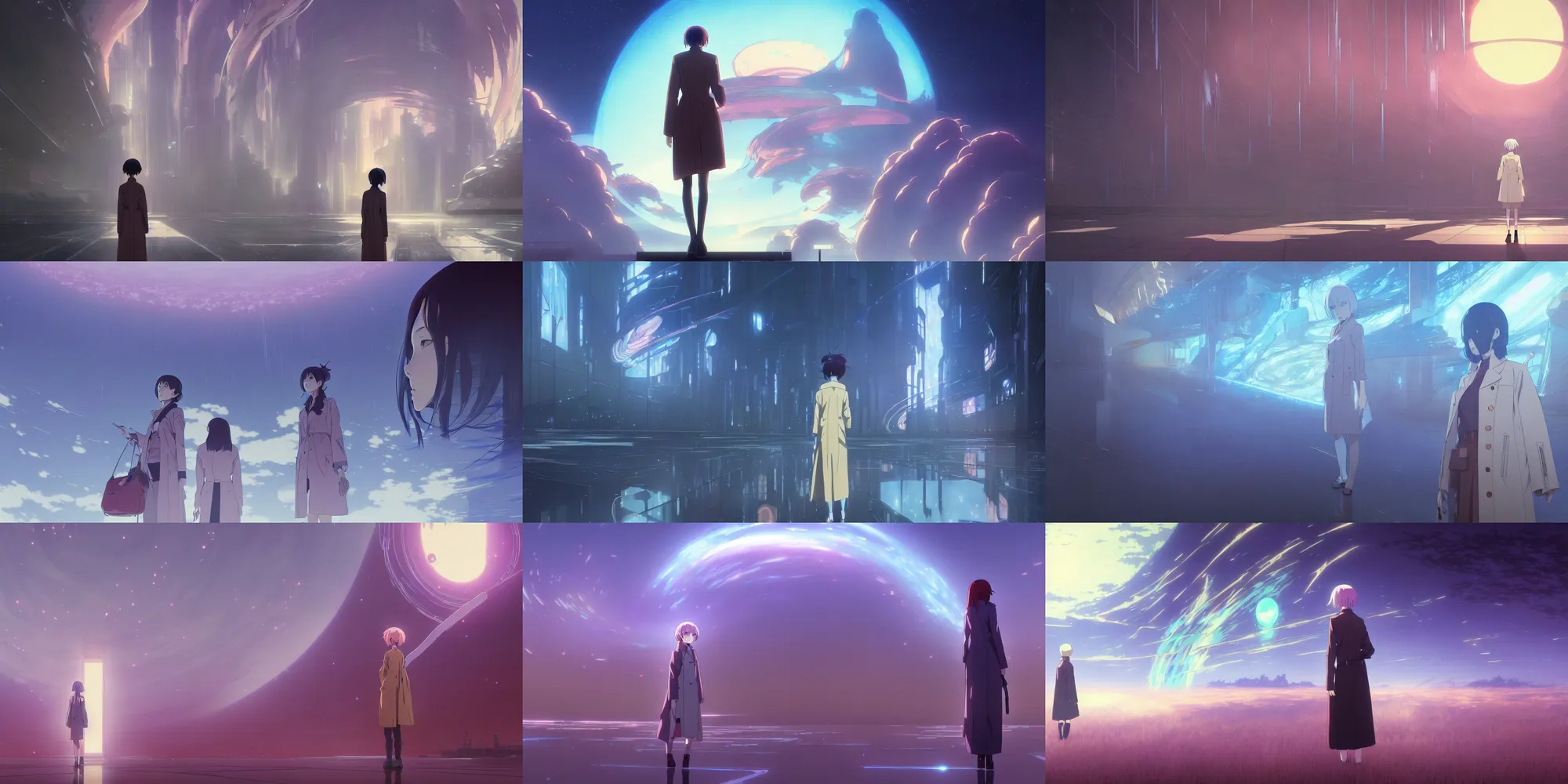 Prompt: a high definition screenshot from the haunting and strange science fiction anime anime anime film ; a female detective wearing a trenchcoat investigates a strange and ethereal dreamscape, digital painting by makoto shinkai, moebius moebius, surrealism, trending on artstation