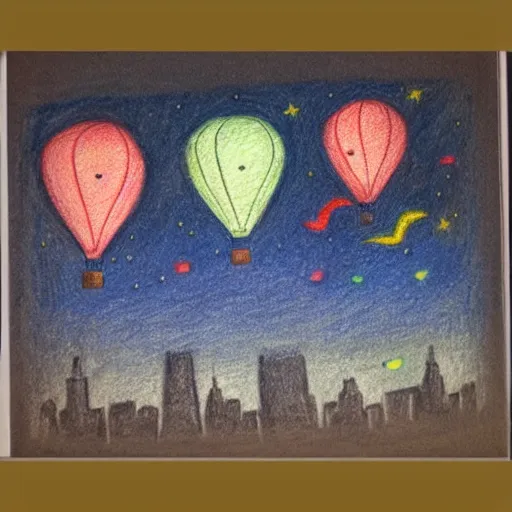 Image similar to 3 hot air balloons flying in the night sky above a city, crayon drawing