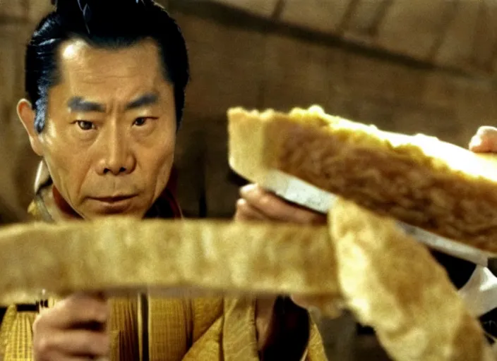 Image similar to a movie still of a samurai slicing through a loaf of bread, a movie by Akira Kurosawa