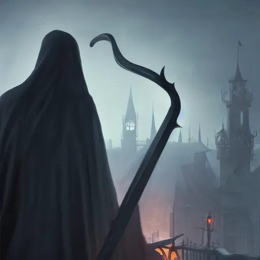 Image similar to Back view of the Grim Reaper with a large scythe standing in a medieval town at night, fantasy art, octane render, trending on artstation, art by greg rutkowski