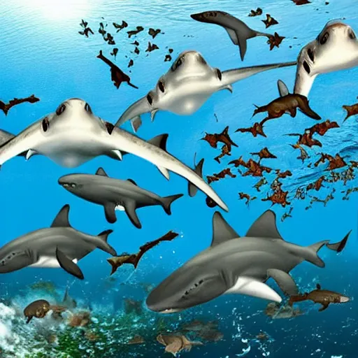 Image similar to a grouping of sharks being spun around in the air of a tornado, so the sharks are swimming and traveling in a vortex above the ocean water