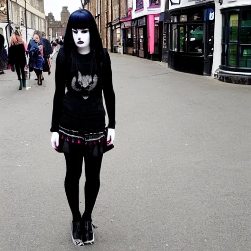 Image similar to A goth emo girl loitering around a British high street, 2006