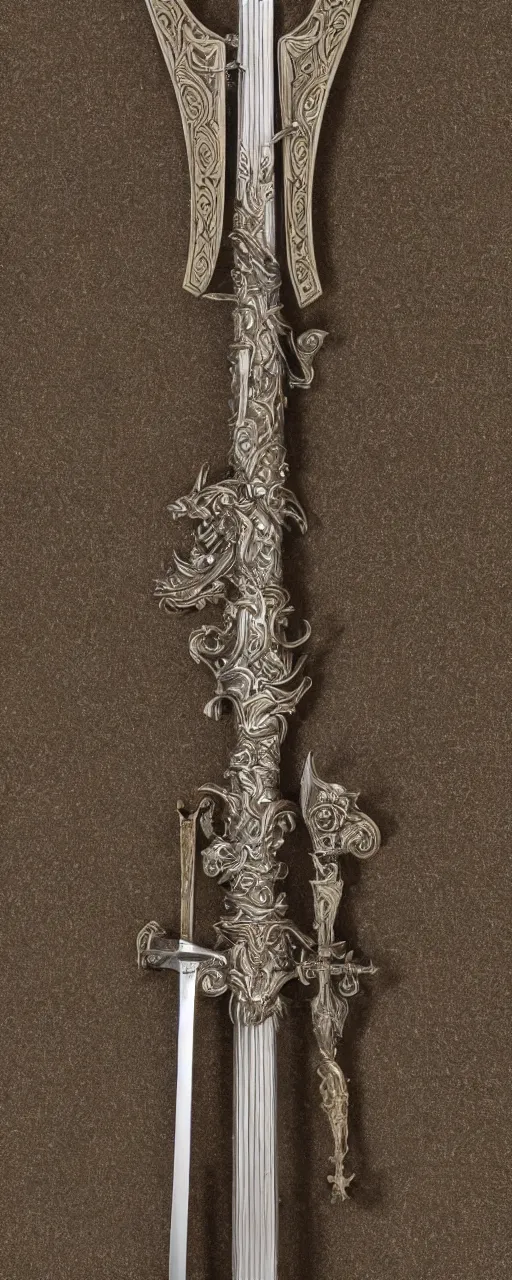 Image similar to sword of justice hanging on a wall, ornate gem in pommel, engraved blade, serrated point, herringbone floor, low angle, museum display, steve argyle