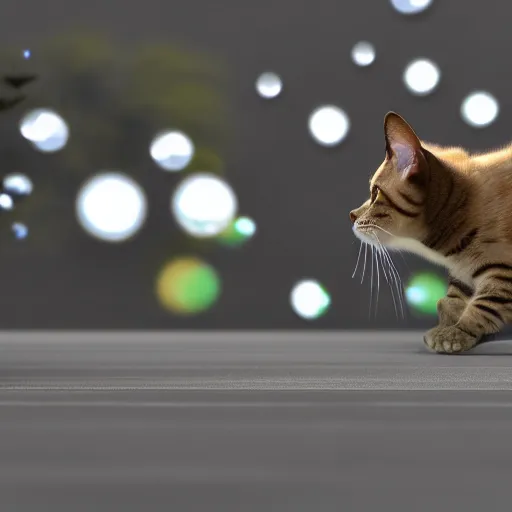 Prompt: 3 d render of an energetic cat bokeh tilt shift motion blur telephoto lens wide angle fish - eye