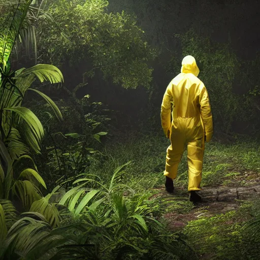 Image similar to a man wearing a hazmat suit, walking through a lush jungle, realistic octane render, ray traced, god rays, extremely high detail