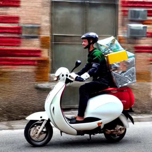 Image similar to delivery driver on moped delivering packages, bright color, bubbly, artistic rendering, cartoon, no blur, white background