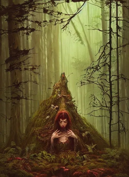 Image similar to a hyper realistic witch shrine in the woods gorgeous lighting, lush forest foliage painting by chiara bautista and beksinski and norman rockwell and greg rutkowski weta studio, and lucasfilm