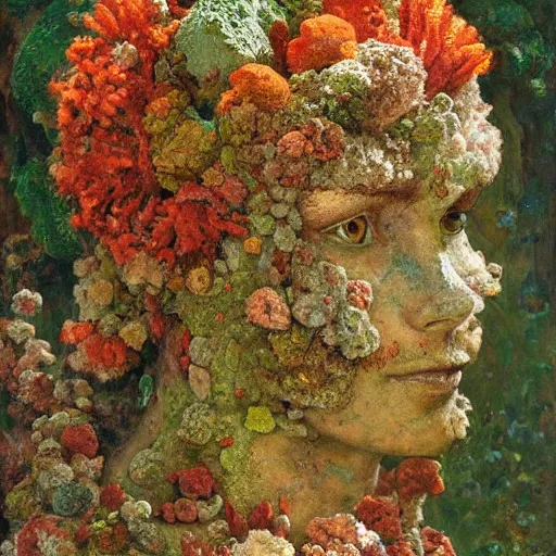 Image similar to a sculpture portrait made of moss and coral reefs and crystals and plants, painting part by wojciech siudmak, part by ilya repin, part by max ernst, part by norman rockwell, artstation