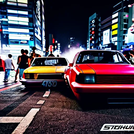 Image similar to a car S30 turbo drift at illegal car meet, shibuya prefecture, midnight mist streetlights, color grade, photorealistic, highly detailed wheels, highly detailed