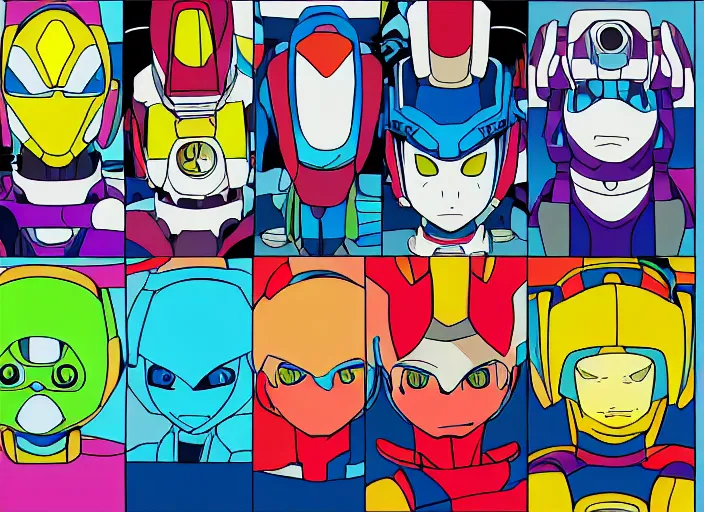 Image similar to 3 rows of 3 framed closeup colorful anime face portraits of cute evil robots from mega man, inspired by osamu tezuka, with a futuristic robotic background.