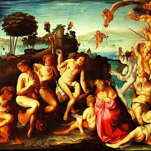 Prompt: paradise and hell in renaissance oil painting
