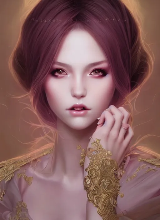 Prompt: dreamlike luxury stunning gothic girl portrait, pale pink and gold kimono, art by artgerm, wlop, loish, ilya kuvshinov, 8 k realistic, hyperdetailed, beautiful lighting, detailed background, depth of field, symmetrical face, frostbite 3 engine, cryengine,