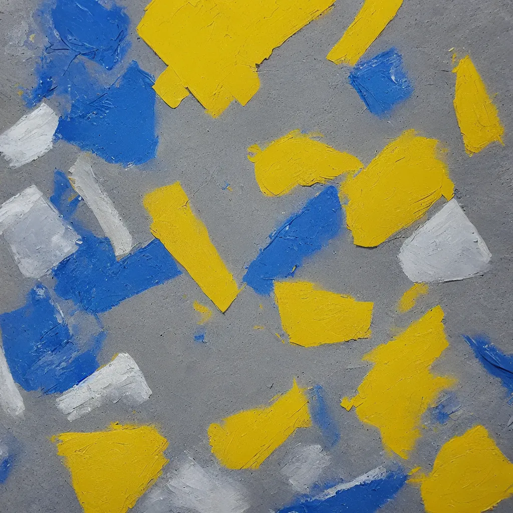 Image similar to 3 dimensional solid large fragments of solid oil paint, highly realistic deep impasto, colours cream naples yellow and blue - grey
