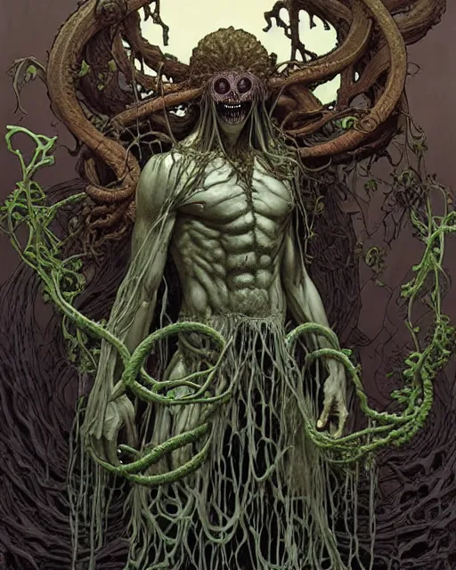 Image similar to the platonic ideal of flowers and roots of cletus kasady ultimate carnage dementor doctor doom gorgon chtulu nazgul, charybdis, medusa detailed, intricate, hyperrealism, intense, scary, decay, dmt, art by brock hofer and artgerm, moebius, greg rutkowski, alphonse mucha