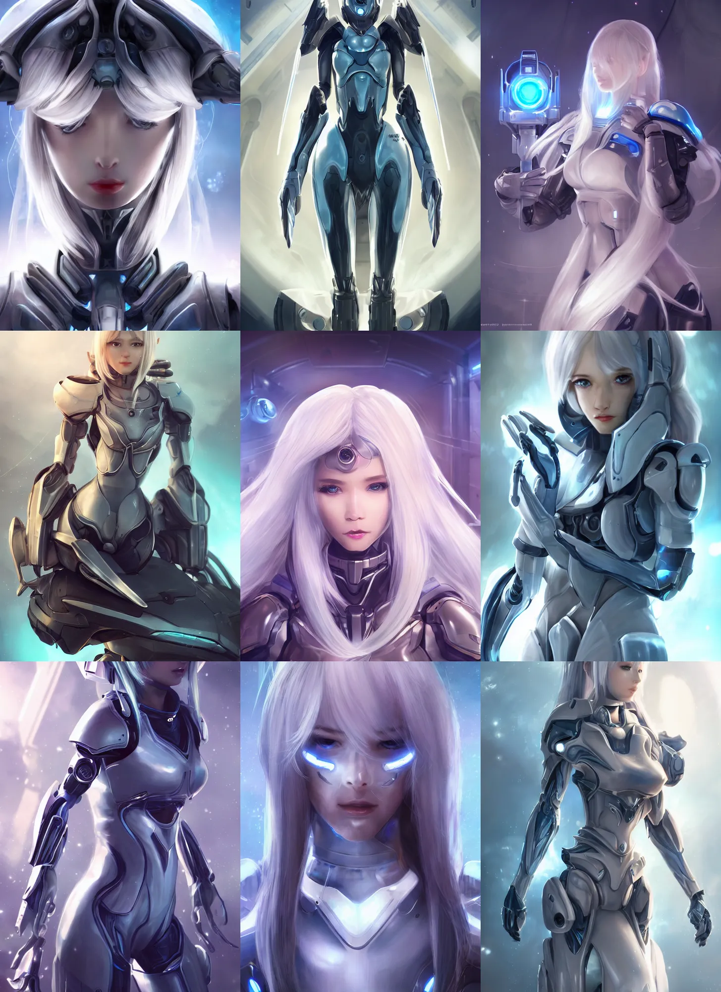 Prompt: perfect android girl, warframe armor, beautiful face, scifi, futuristic, space station, laboratory, kwak ji young, dreamy, long white hair, blue cyborg eyes, cinematic lighting, highly detailed, very cute, focused, artstation, divine, by gauthier leblanc, kazuya takahashi, huifeng huang, jama jurabaev