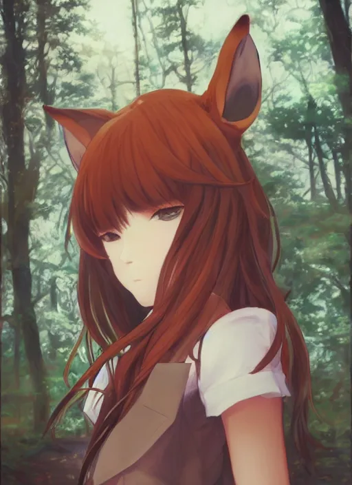 Image similar to portrait painting by shigenori soejima, girl, fox ears, focus on face, forest background, pretty, cinematic lighting, painterly, long wavy orange hair, light brown trenchcoat