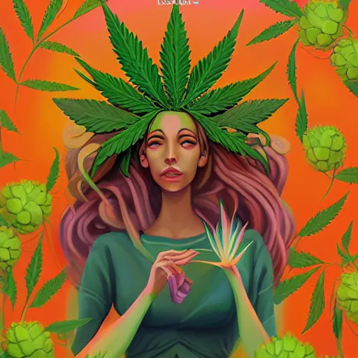 Image similar to goddess of plant medicine, and art by lois van baarle highly detailed painting trending on arstation vivid colors cannabis