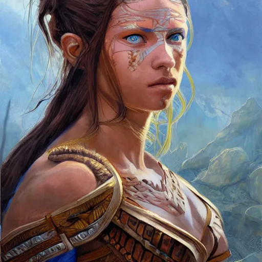 Image similar to highly detailed painting of a warrior goddess with tan skin, blue eyes, and brown hair high fantasy art by jon foster trending on arstation