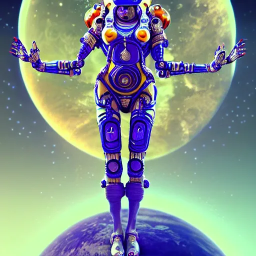 Prompt: Futuristic laxmi Indian Goddess in a robot spacesuit, sci-fi, fantasy, intricate, beautiful, elegant, attractive, indian goddess of wealth, highly detailed, digital painting, artstation, masterpiece, concept art, Four Hands, sitting on a Lotus, smooth, sharp focus, unreal engine 5, WLOP, Octane render, Symmetric, art by artgerm, hajime sorayama, William-Adolphe Bouguereau