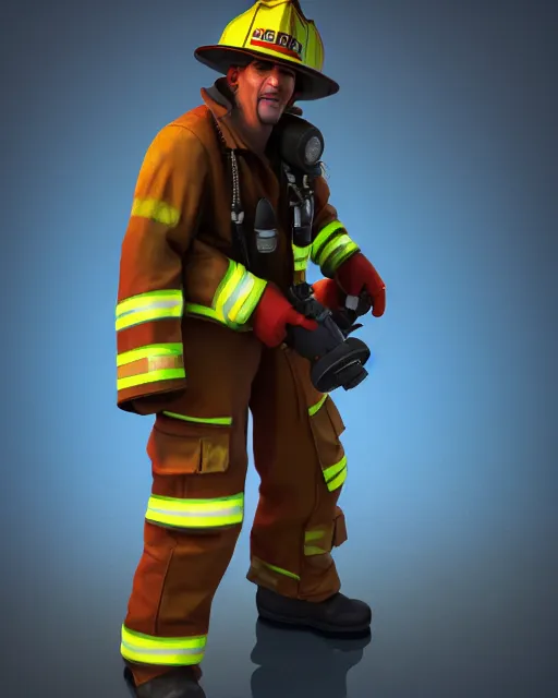 Image similar to realistic hero, firefighter, screenshot in a typical disney infinity 3 style, artstation, art gta 5 cover, behance hd artstation by josh black, volumetric lighting, subsurface scattering, octane render, trending artstation, fire flames in background