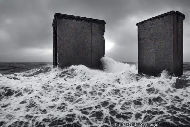 Image similar to high key lighting, ighting storm, danila tkachenko, photograph of an abandoned soviet building block in the middle of the ocean, big waves. dramatic lighting