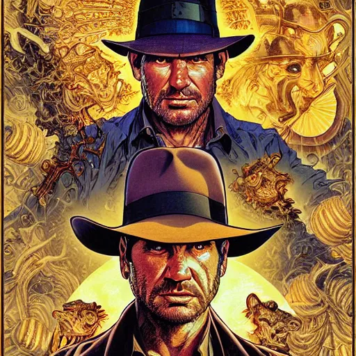 Image similar to portrait of crazy indiana jones, symmetrical, by yoichi hatakenaka, masamune shirow, josan gonzales and dan mumford, ayami kojima, takato yamamoto, barclay shaw, karol bak, yukito kishiro