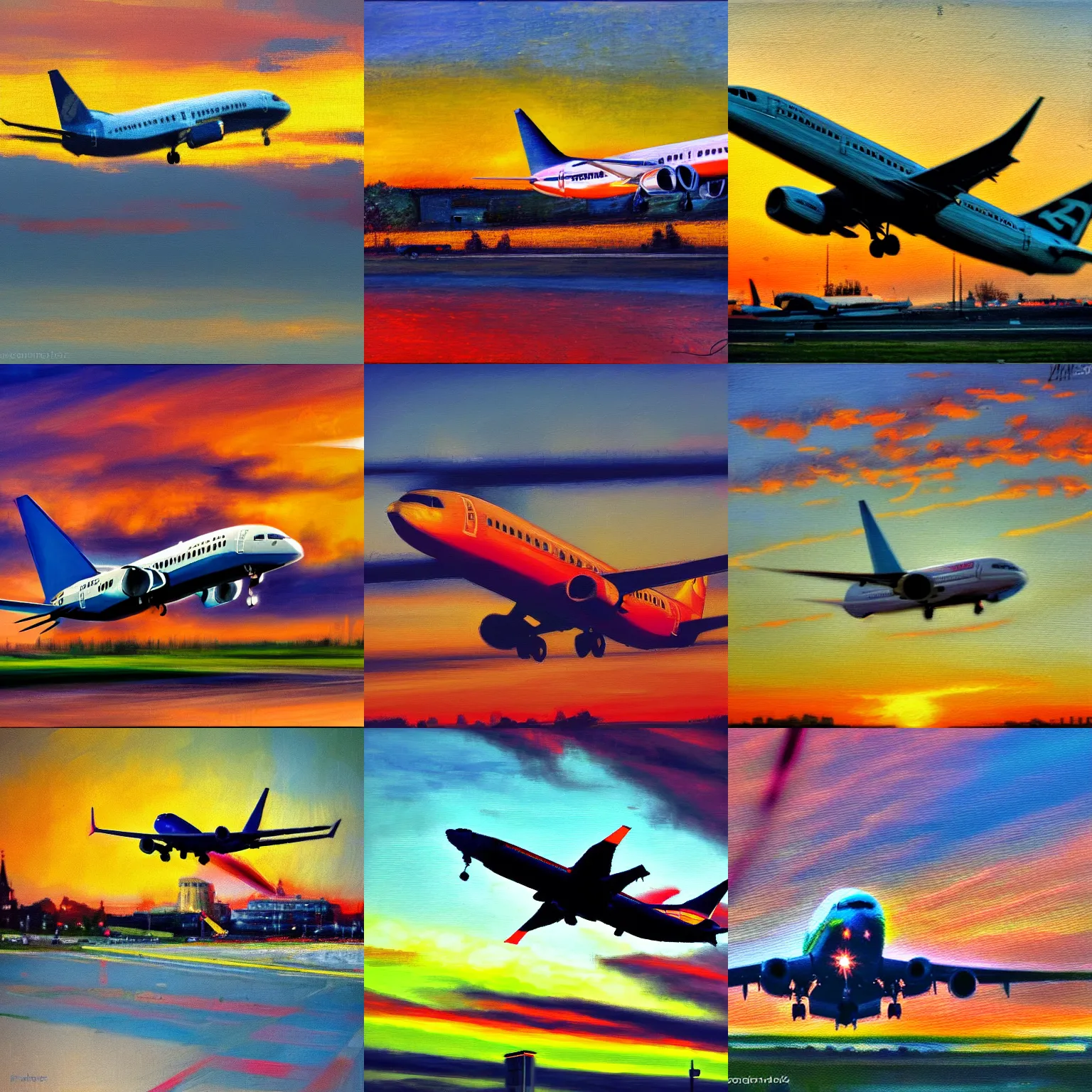 Prompt: Impressionist painting of a Boeing 737 landing at the airport in Prague during sunset