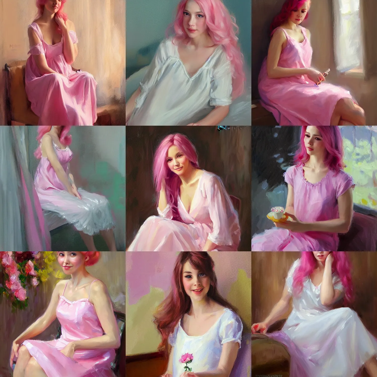 Prompt: pink haired young woman in her nightgown, painting by Vladimir Volegov
