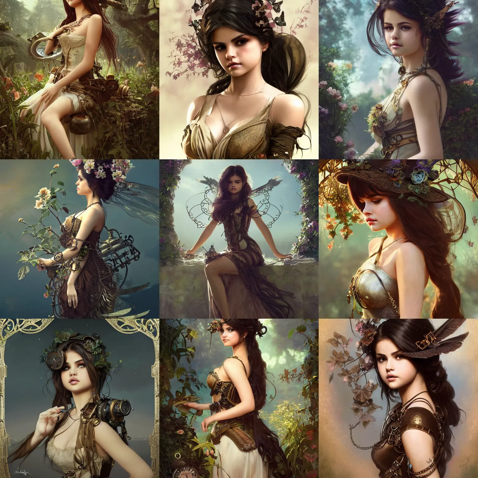 Prompt: beautiful steampunk nature nymph selena gomez in a simple dress, herbacious and steampunk decoration, flowy hair, intricate details, cinematic lighting, photorealistic, octane render, 8 k, art by greg rutkowski and artgerm and alphonse mucha and huang guangjian and taras susak, artstation