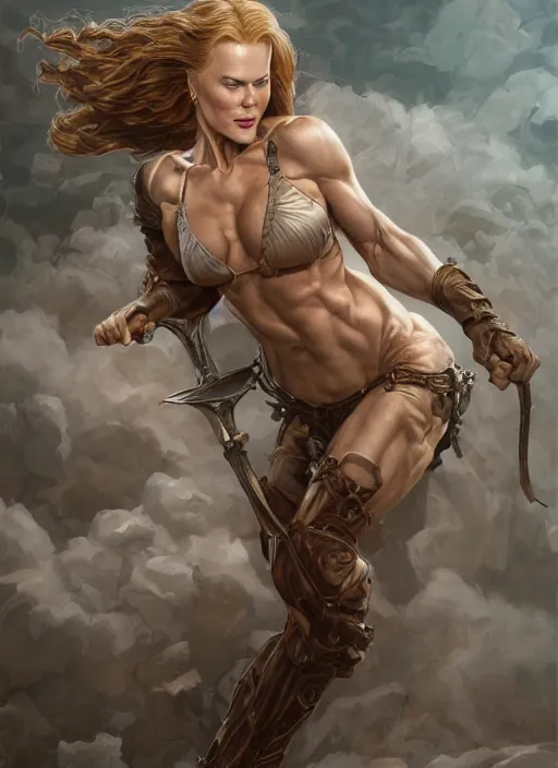 Image similar to muscled Nicole Kidman as a ruggedly handsome hero, intricate, elegant, highly detailed, centered, digital painting, artstation, concept art, smooth, sharp focus, illustration, artgerm, donato giancola, Joseph Christian Leyendecker, WLOP, Boris Vallejo, Artgerm