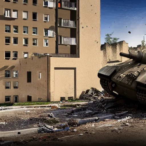 Image similar to a tank crashing through the walls of an apartment building, 4 k, high detail, high - resolution photograph, professional photography, ultra - detail