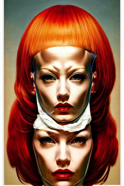 Prompt: cyborg head wrapped in plastic bags by Hajime Sorayama and Artemisia Gentileschi, centered, symmetrical, led, red, bilateral symmetry, 60s poster, polished, lightning, retro dark vintage sci-fi, 2D matte illustration