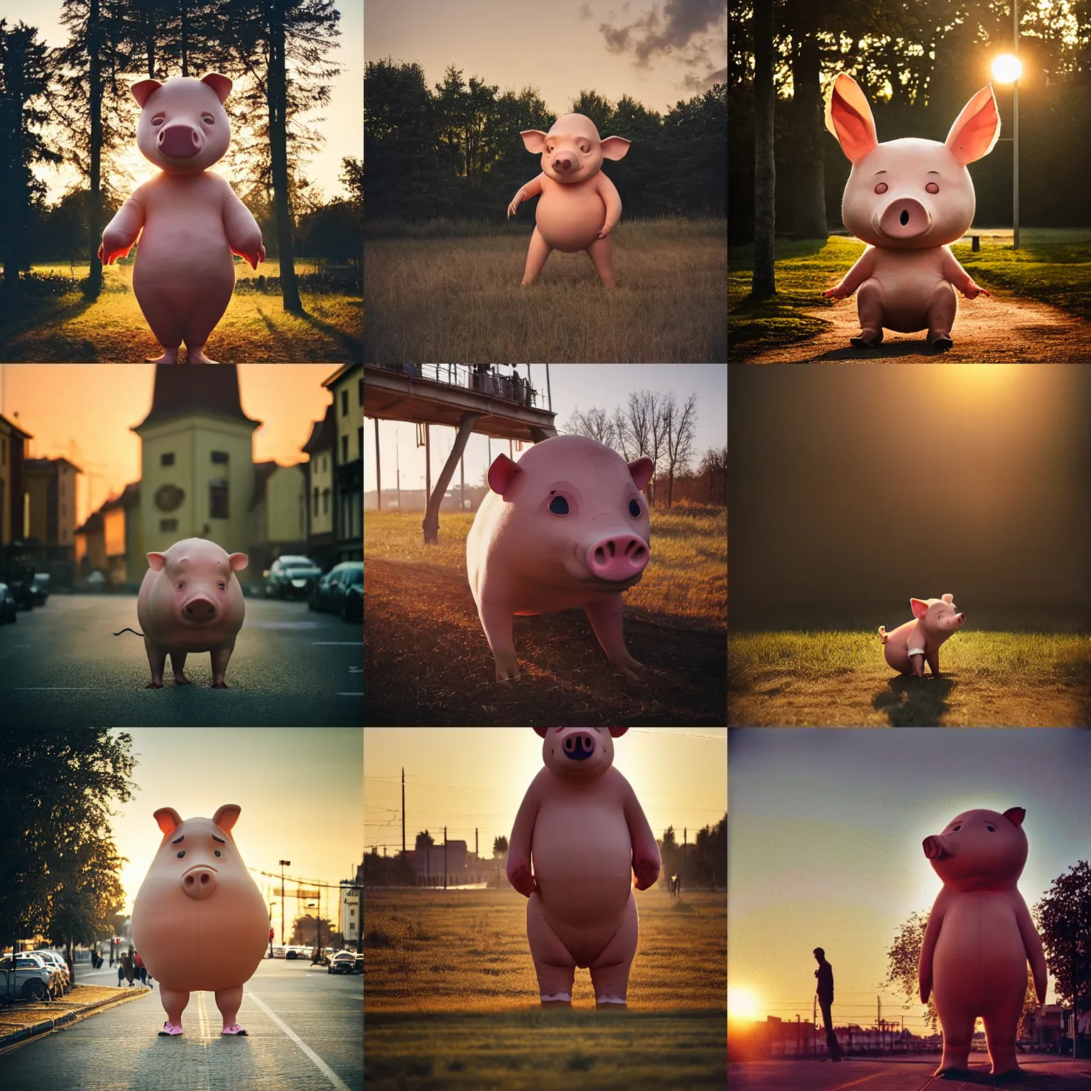 Prompt: real piglet!!! giant oversized anthropomorphic, in legnica, full body, cinematic focus, polaroid photo, vintage, backlighting sunset golden hour, by oleg oprisco, by thomas peschak, by discovery channel, by victor enrich, by gregory crewdson