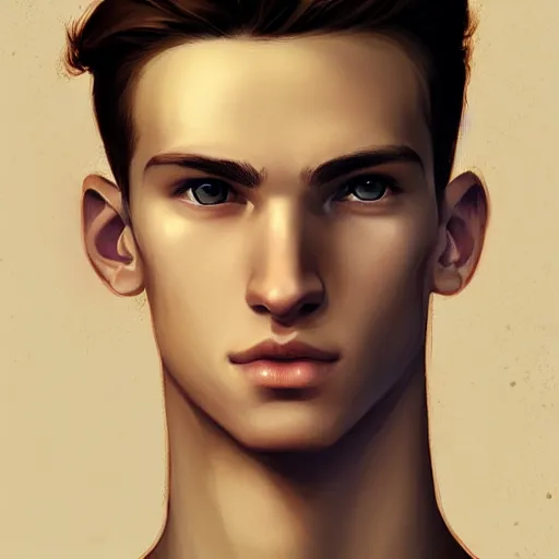 Prompt: teenage boy with brown blond short quiff hair and thin slightly round facial structure with cleft chin and bumpy nose with good definition of cheekbones and Alert brown eyes, narrow face, slim body, atmospheric lighting, painted, intricate, 4k, highly detailed by Charlie Bowater