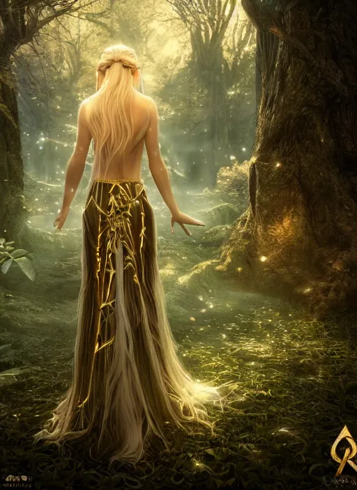 Image similar to magical forest with gold and silver leafs, music, girl with blond long hair back view, elves, lord of the rings style, ultra detailed, trending on artstation, concept art, octane render, unreal engine,