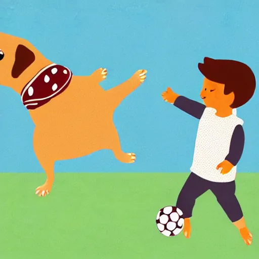 Image similar to illustration of french boy playing football with a corgi who is wearing a polka dot scarf