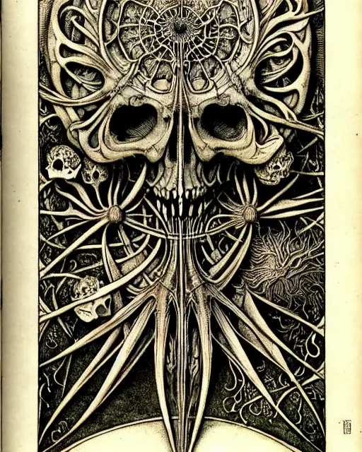 Image similar to memento mori by arthur rackham, art forms of nature by ernst haeckel, exquisitely detailed, art nouveau, gothic, ornately carved beautiful skull dominant, intricately carved antique bone, art nouveau botanicals, ornamental bone carvings, art forms of nature by ernst haeckel, horizontal symmetry, arthur rackham, ernst haeckel