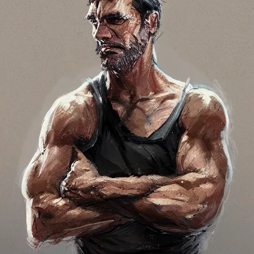 Prompt: Portrait of a man by Greg Rutkowski, he is about 40 years old, southern slav features, messy brown short hair, strong and tall, tired expression, he is wearing a black tank top, highly detailed portrait, digital painting, artstation, concept art, smooth, sharp foccus ilustration, Artstation HQ.