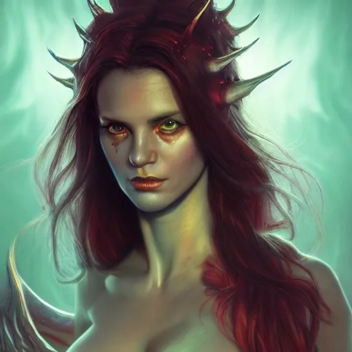 Image similar to Photorealistic demon goddess in the style of Michael Whelan and Greg Rutkowski. Hyperdetailed photorealism, 108 megapixels, amazing depth, glowing rich colors, powerful imagery, psychedelic Overtones, 3D finalrender, 3d shading, cinematic lighting, artstation concept art